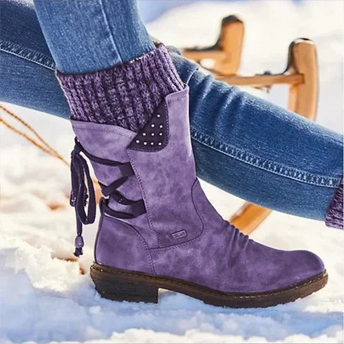 Women's Winter Boots with Knitted Cuff and Side Zip | E&W - 6 - Elenwear