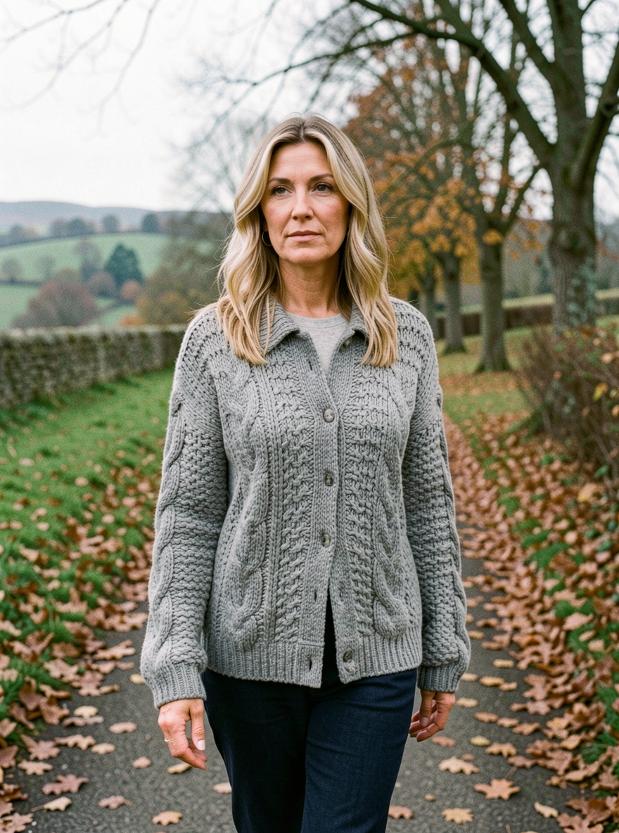 Women's Twist Cable-Knit Cardigan — Chunky Wool-Blend Jacket - Grey