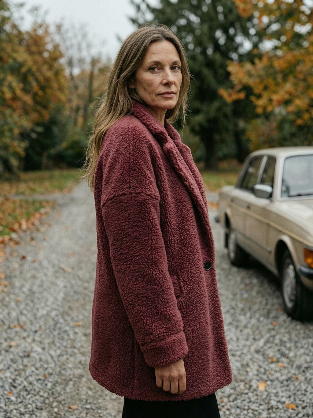 Women's Oversized Teddy Fleece Longline Coat — Soft Open-Front Layer - Burgundy