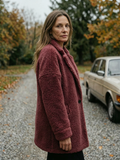 Women's Oversized Teddy Fleece Longline Coat — Soft Open-Front Layer - Burgundy