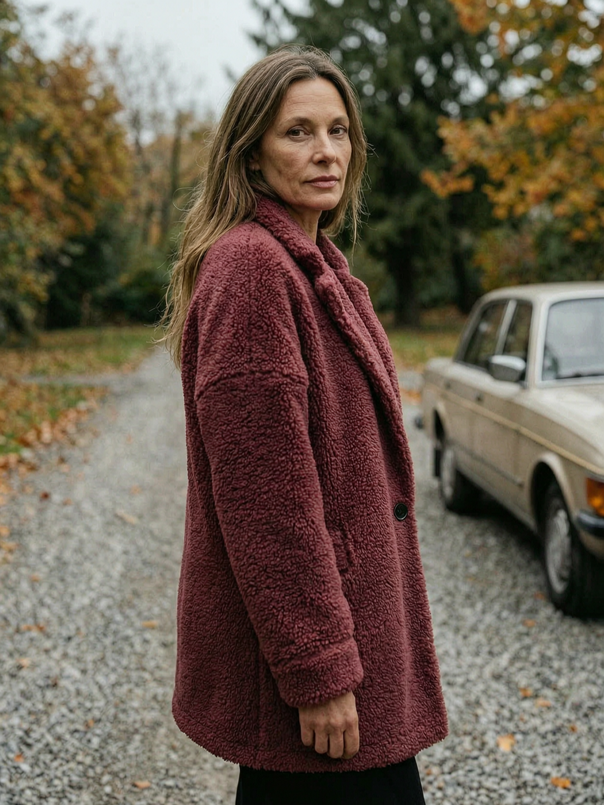 Women's Oversized Teddy Fleece Longline Coat — Soft Open-Front Layer - Burgundy