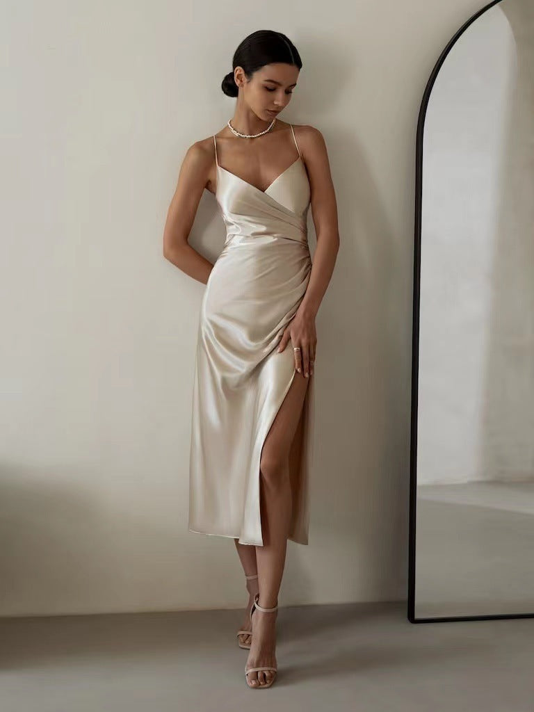 Evening dress women's silky wrap-style with high slit | E&W - 1 - Elenwear