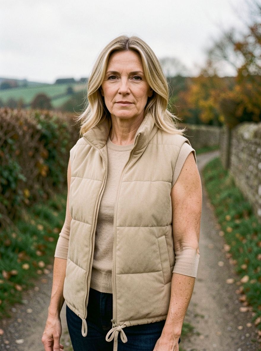 Women's Gold Velvet Padded Vest — Short Loose Quilted Waistcoat - Beige