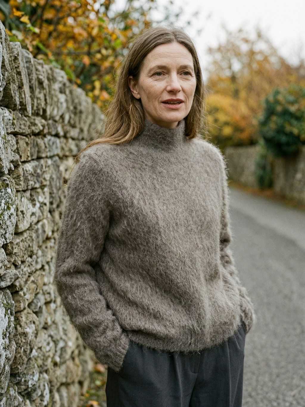 Women's Fuzzy Mohair-Blend Turtleneck Jumper — Soft Roll-Neck Sweater - Camel