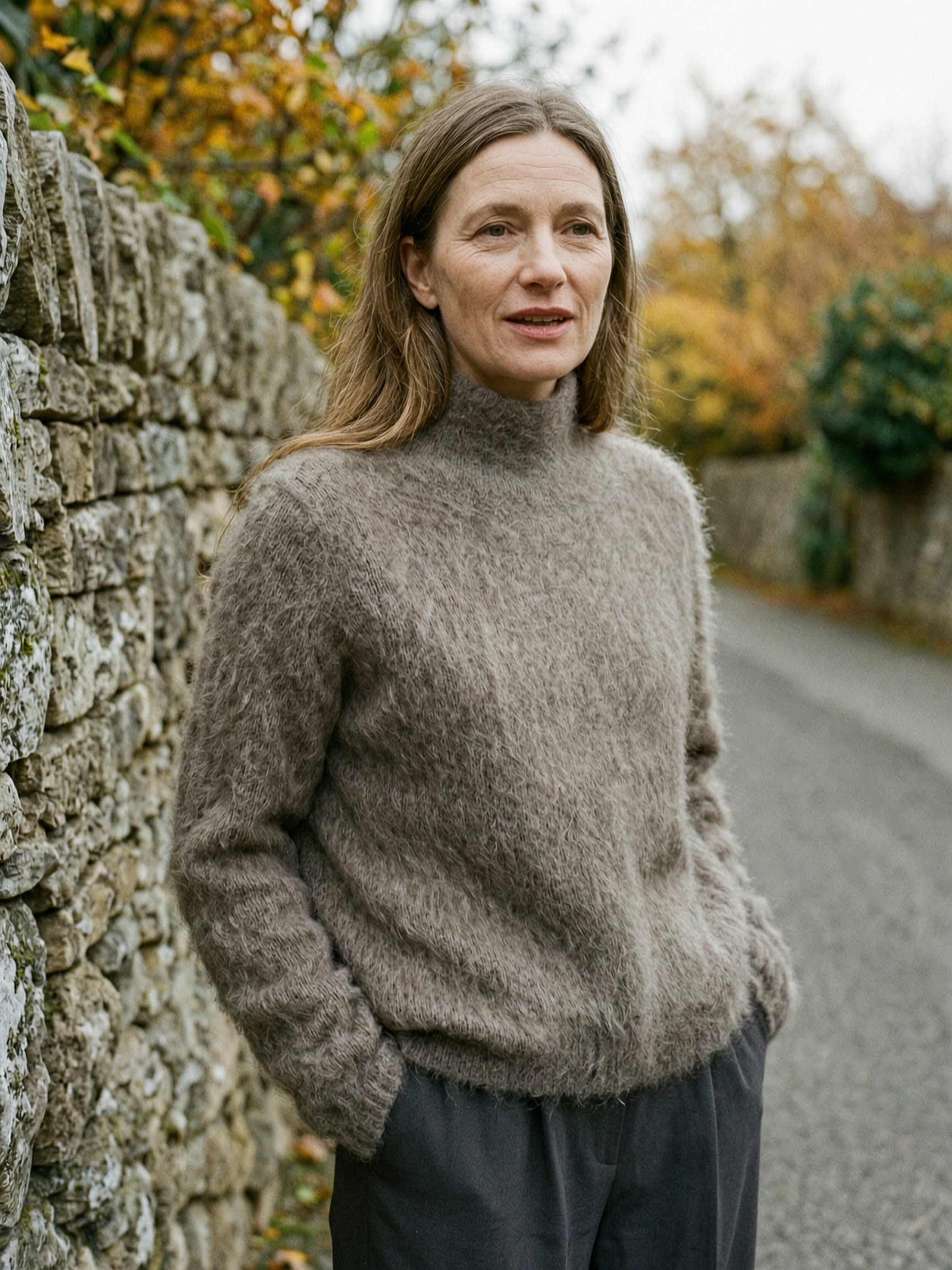 Women's Fuzzy Mohair-Blend Turtleneck Jumper — Soft Roll-Neck Sweater - Camel