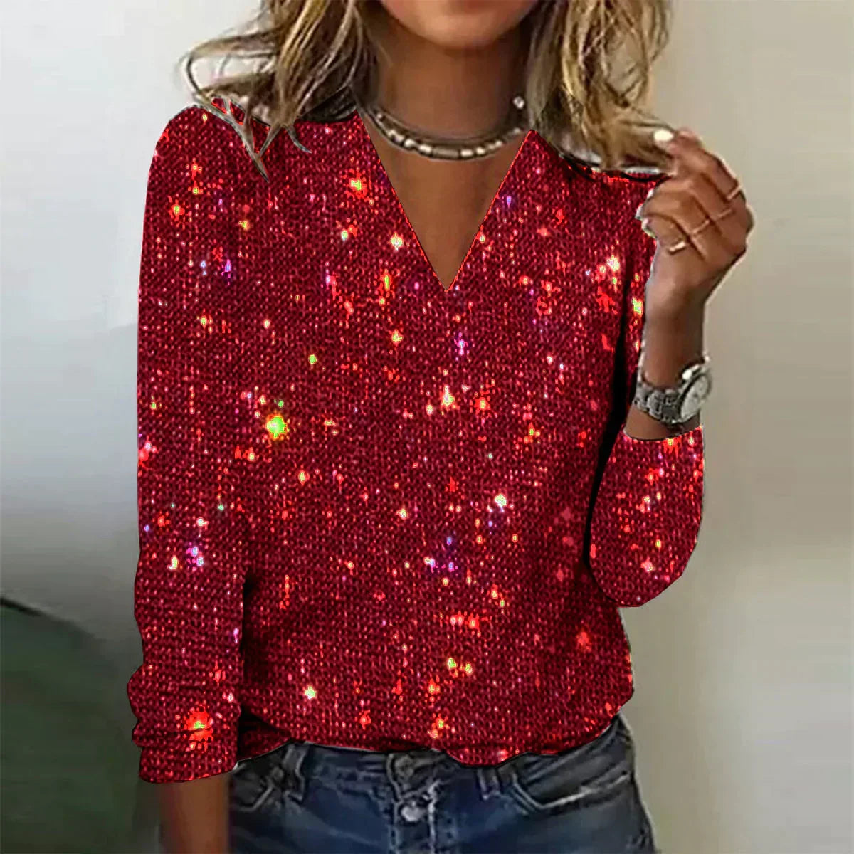 V-Neck Sequined Blouse for Women | Sparkling Evening Elegance | E&W - 2 - Elenwear