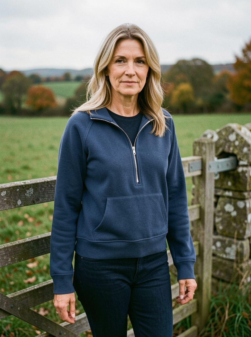 Women's Half-Zip Hooded Fleece Sweatshirt — Drop-Shoulder Pullover - Dark Blue