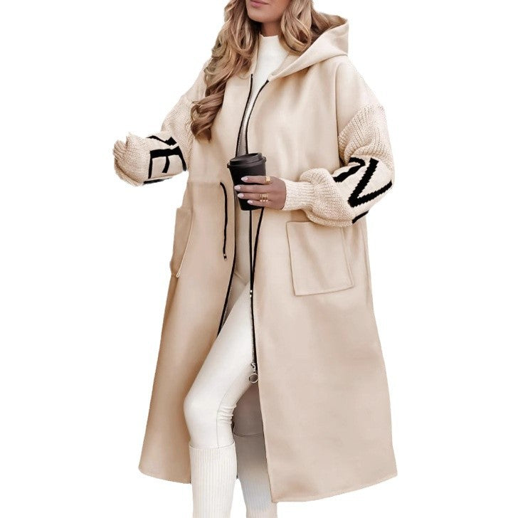 Longline Women's Coat with Knitted Sleeves | E&W - 2 - Elenwear