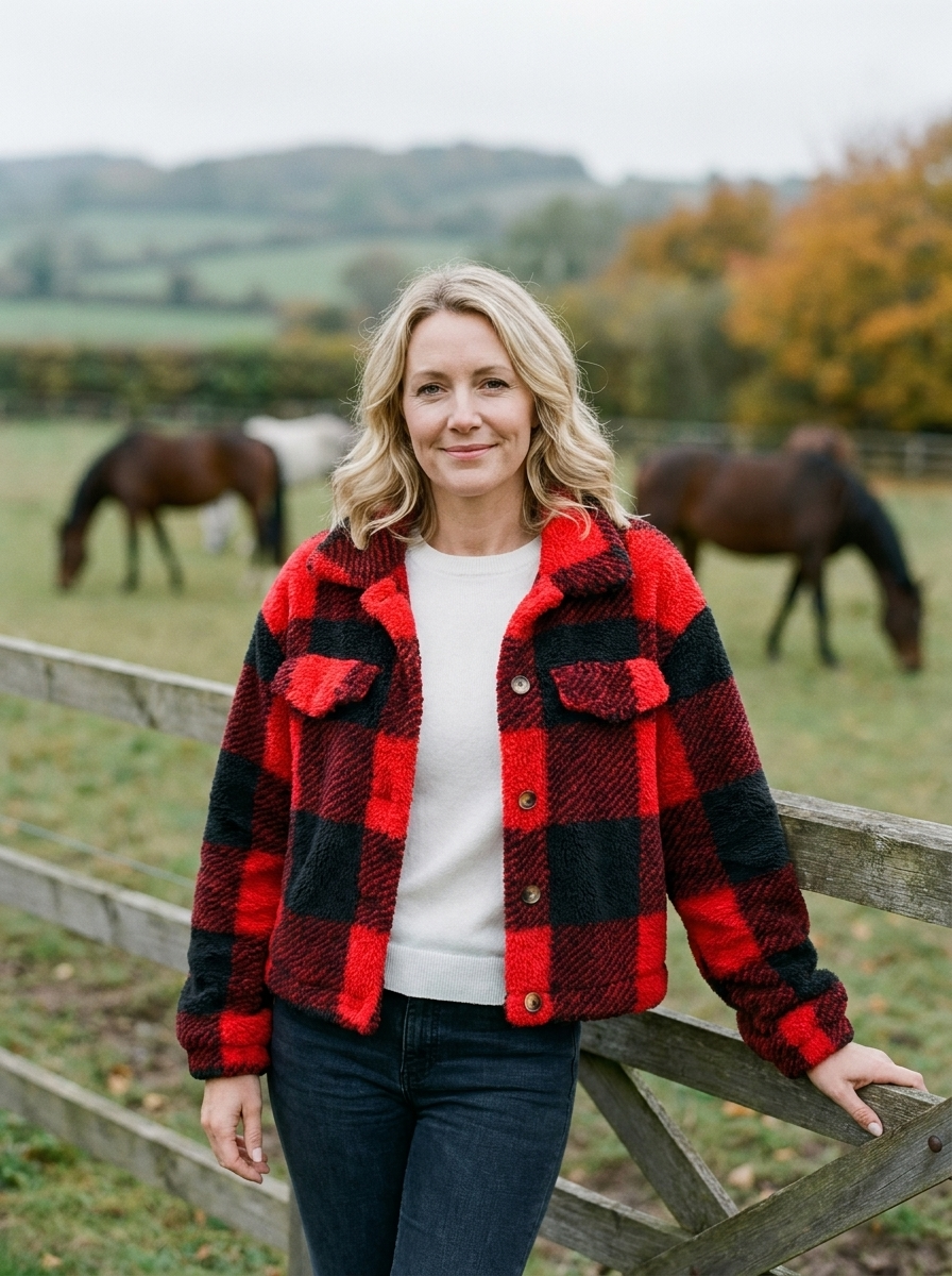 Women's Buffalo Check Fluffy Fleece Shacket — Cropped Plaid Jacket - Red