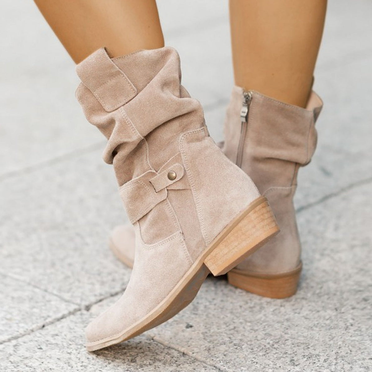 Suede Ankle Boots for Women | Relaxed Gathered Design with Side Zip | E&W - 4 - Elenwear