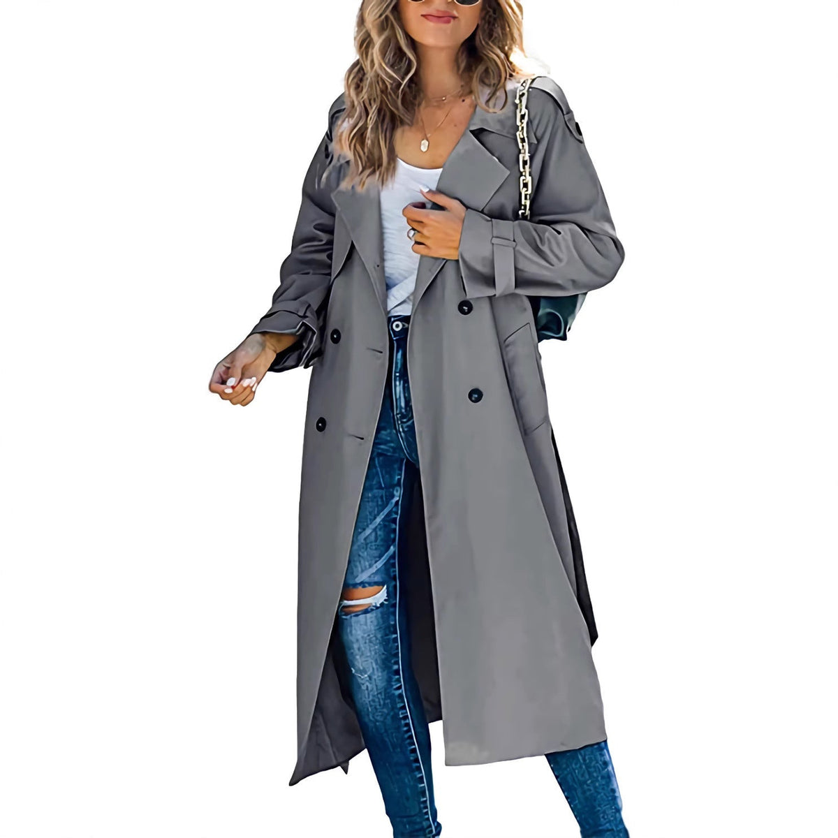 Trench Coat Women's Double-Breasted Style with Belt | E&W - 1 - Elenwear