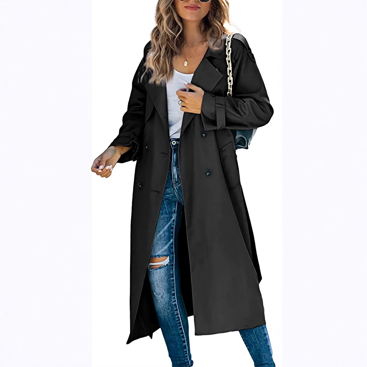Trench Coat Women's Double-Breasted Style with Belt | E&W - 2 - Elenwear