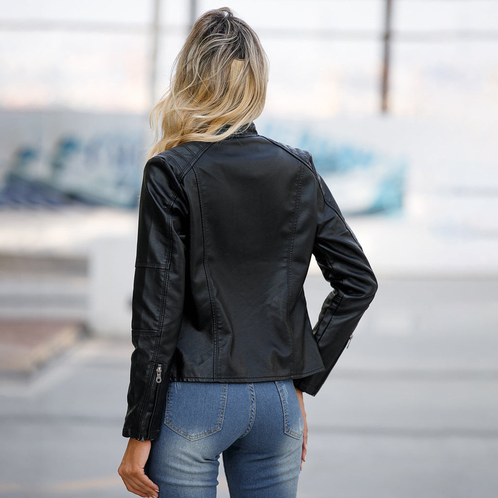 Women's Faux Leather Biker Jacket with Stand Collar & Zip Pockets | E&W - 1 - Elenwear