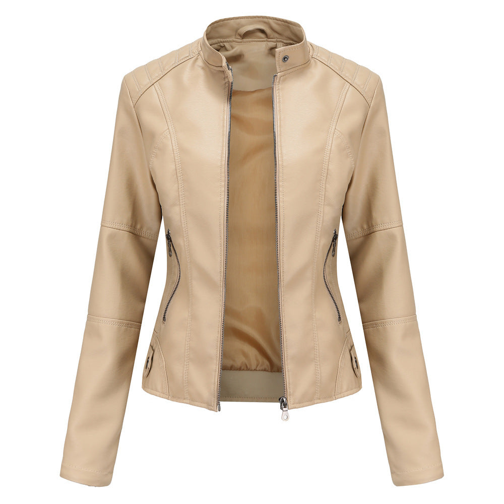 Women's Faux Leather Biker Jacket with Stand Collar & Zip Pockets | E&W - 2 - Elenwear