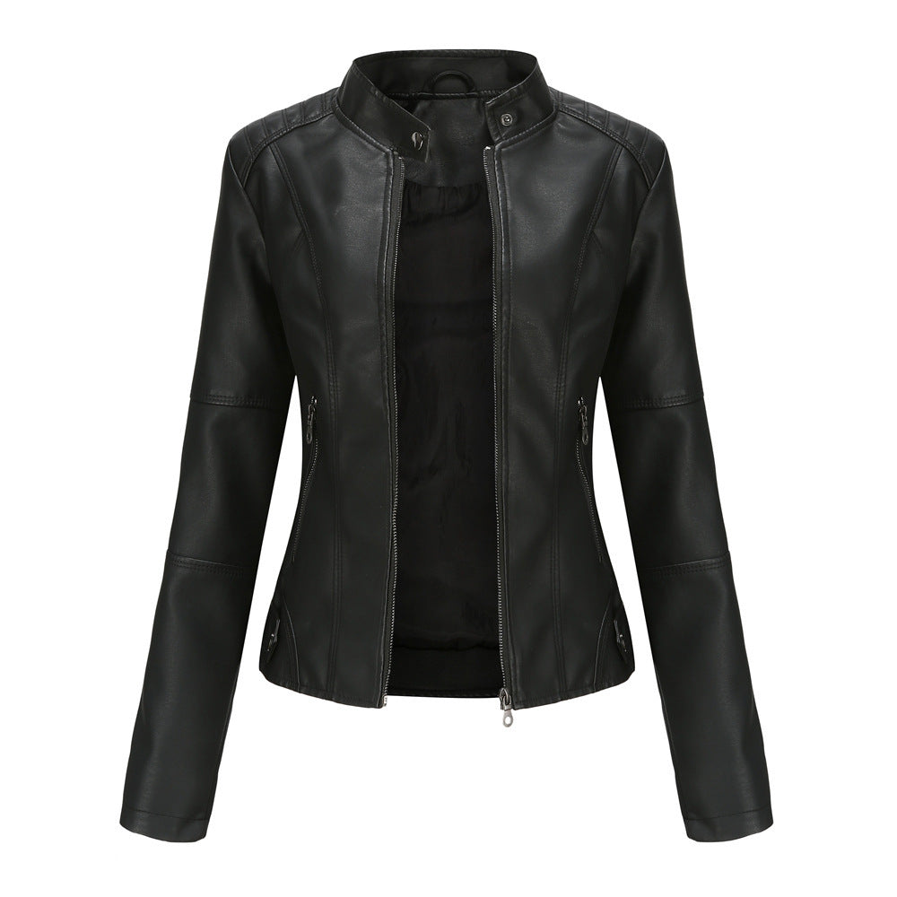 Women's Faux Leather Biker Jacket with Stand Collar & Zip Pockets | E&W - 3 - Elenwear