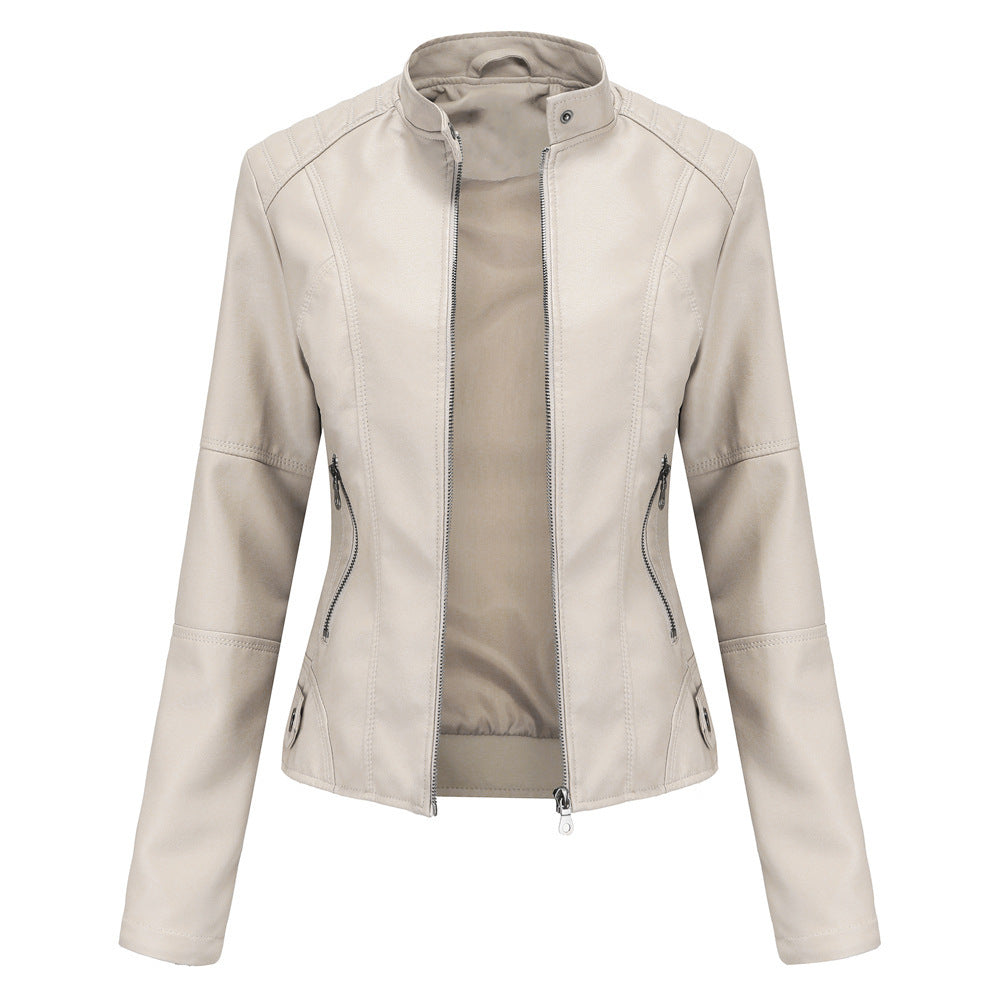 Women's Faux Leather Biker Jacket with Stand Collar & Zip Pockets | E&W - 4 - Elenwear