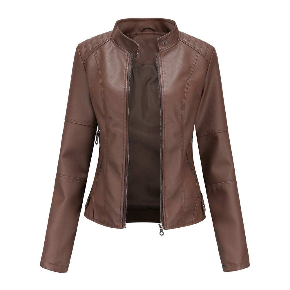 Women's Faux Leather Biker Jacket with Stand Collar & Zip Pockets | E&W - 5 - Elenwear