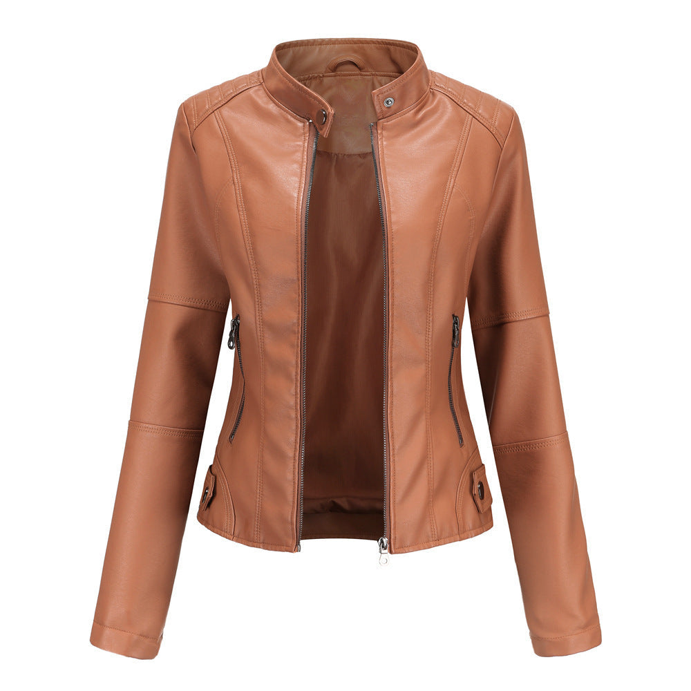 Women's Faux Leather Biker Jacket with Stand Collar & Zip Pockets | E&W - 6 - Elenwear