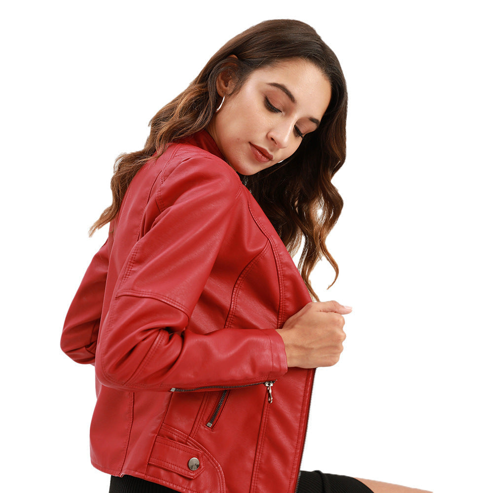 Women's Faux Leather Biker Jacket with Stand Collar & Zip Pockets | E&W - 14 - Elenwear