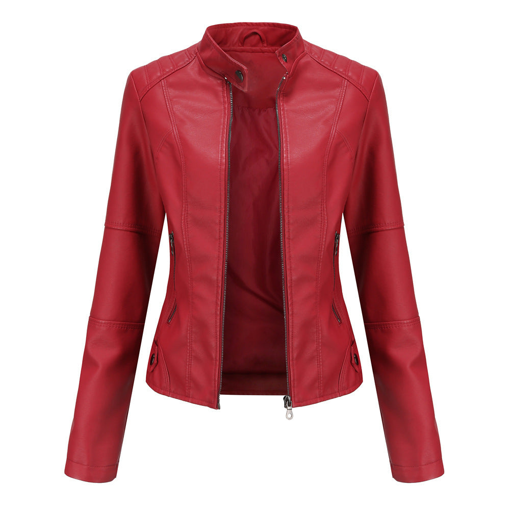 Women's Faux Leather Biker Jacket with Stand Collar & Zip Pockets | E&W - 7 - Elenwear