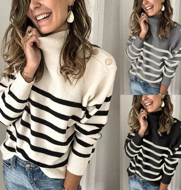 Striped Pullover Jumper for Women with High Neck and Button Details | E&W - 5 - Elenwear