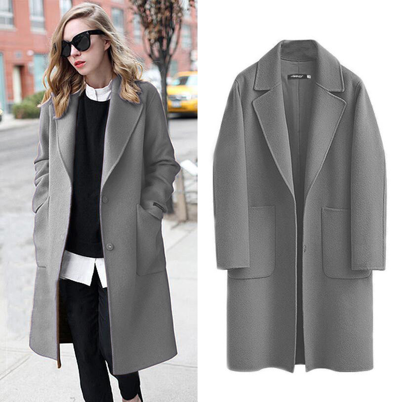 Long Women's Coat with Notched Lapel and Side Pockets | E&W - 5 - Elenwear