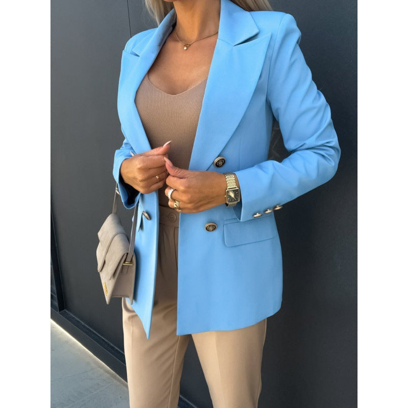 Blazer Women's Tailored Fit in Light Blue with Double-Breasted Style | E&W - 1 - Elenwear