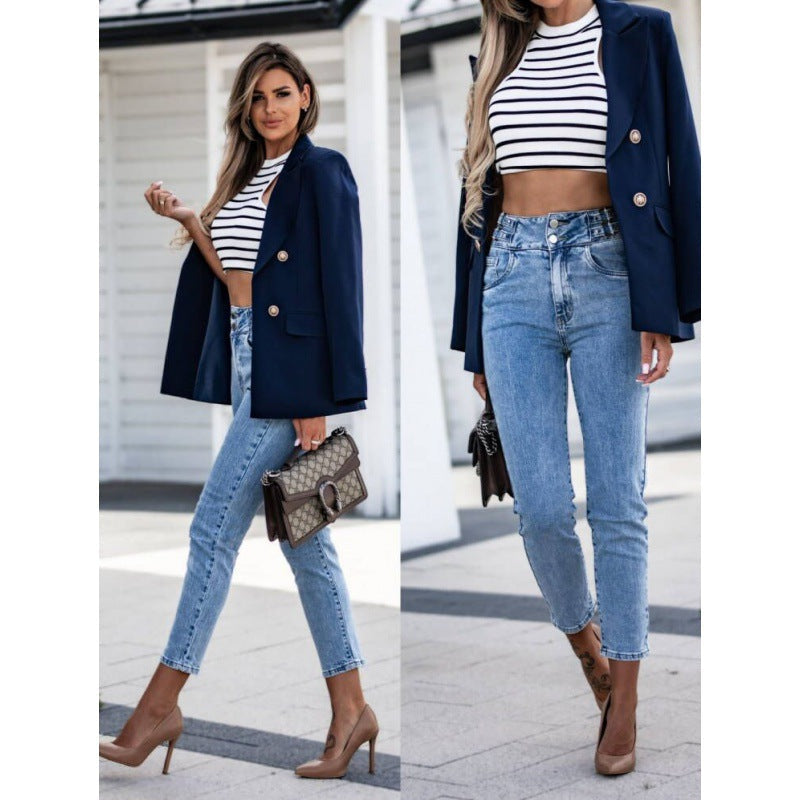 Blazer Women's Tailored Fit in Light Blue with Double-Breasted Style | E&W - 2 - Elenwear