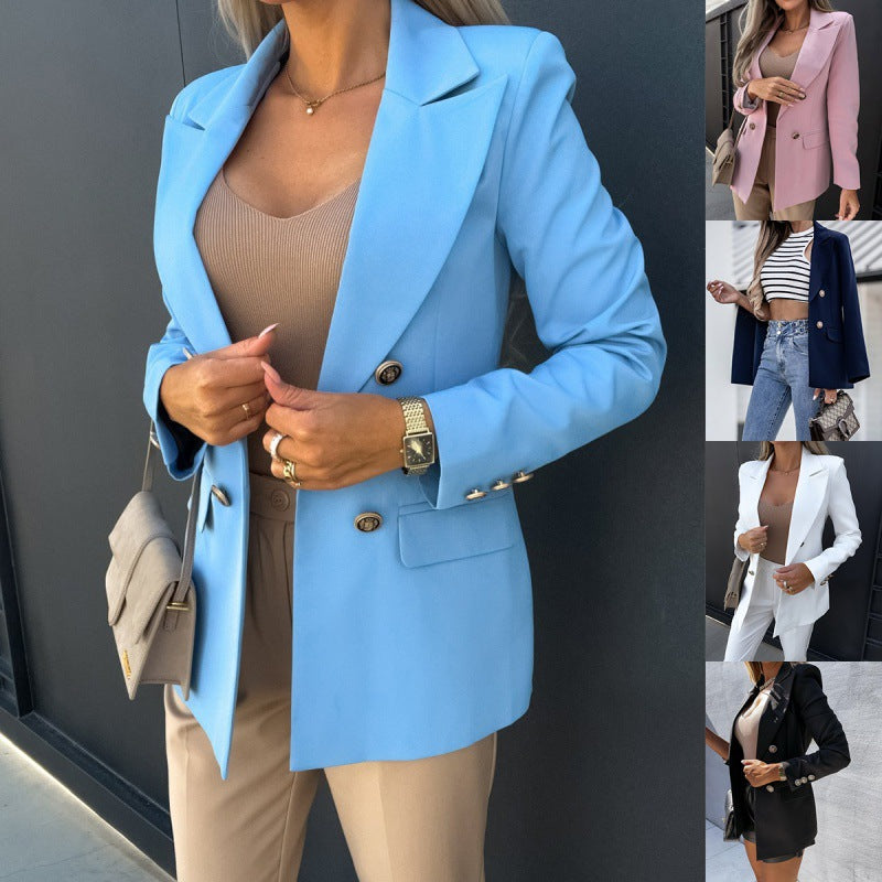 Blazer Women's Tailored Fit in Light Blue with Double-Breasted Style | E&W - 3 - Elenwear