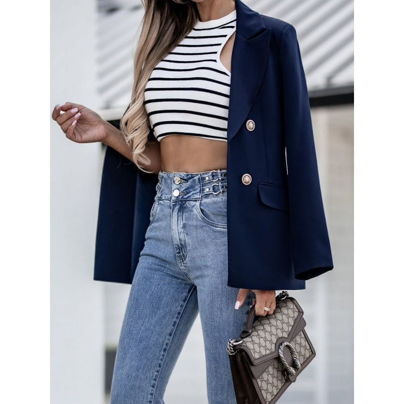 Blazer Women's Tailored Fit in Light Blue with Double-Breasted Style | E&W - 4 - Elenwear