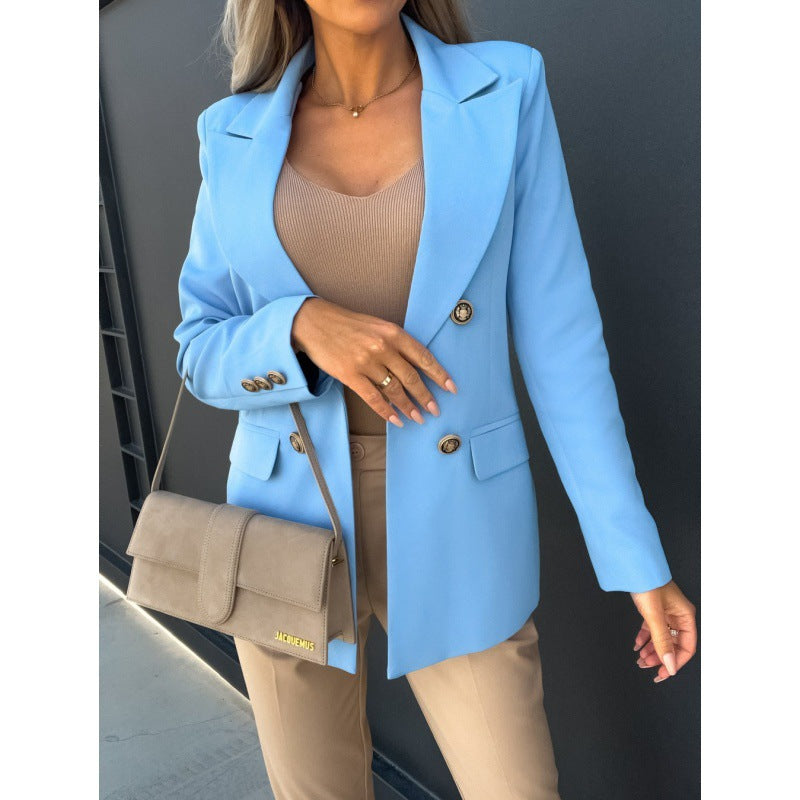 Blazer Women's Tailored Fit in Light Blue with Double-Breasted Style | E&W - 5 - Elenwear