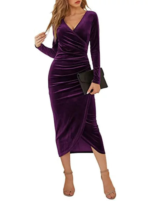 Wrap Dress Women's Velvet Long Sleeve with Side Slit | E&W - 2 - Elenwear
