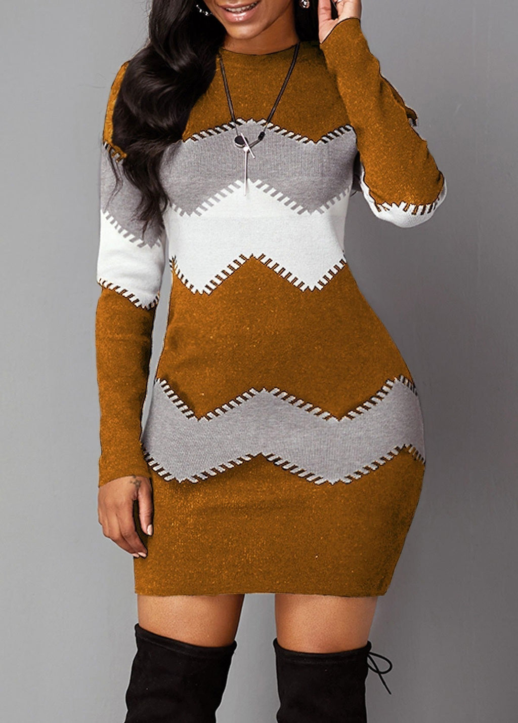 Bodycon Knitted Dress for Women | Chic Chevron Pattern | E&W - 4 - Elenwear