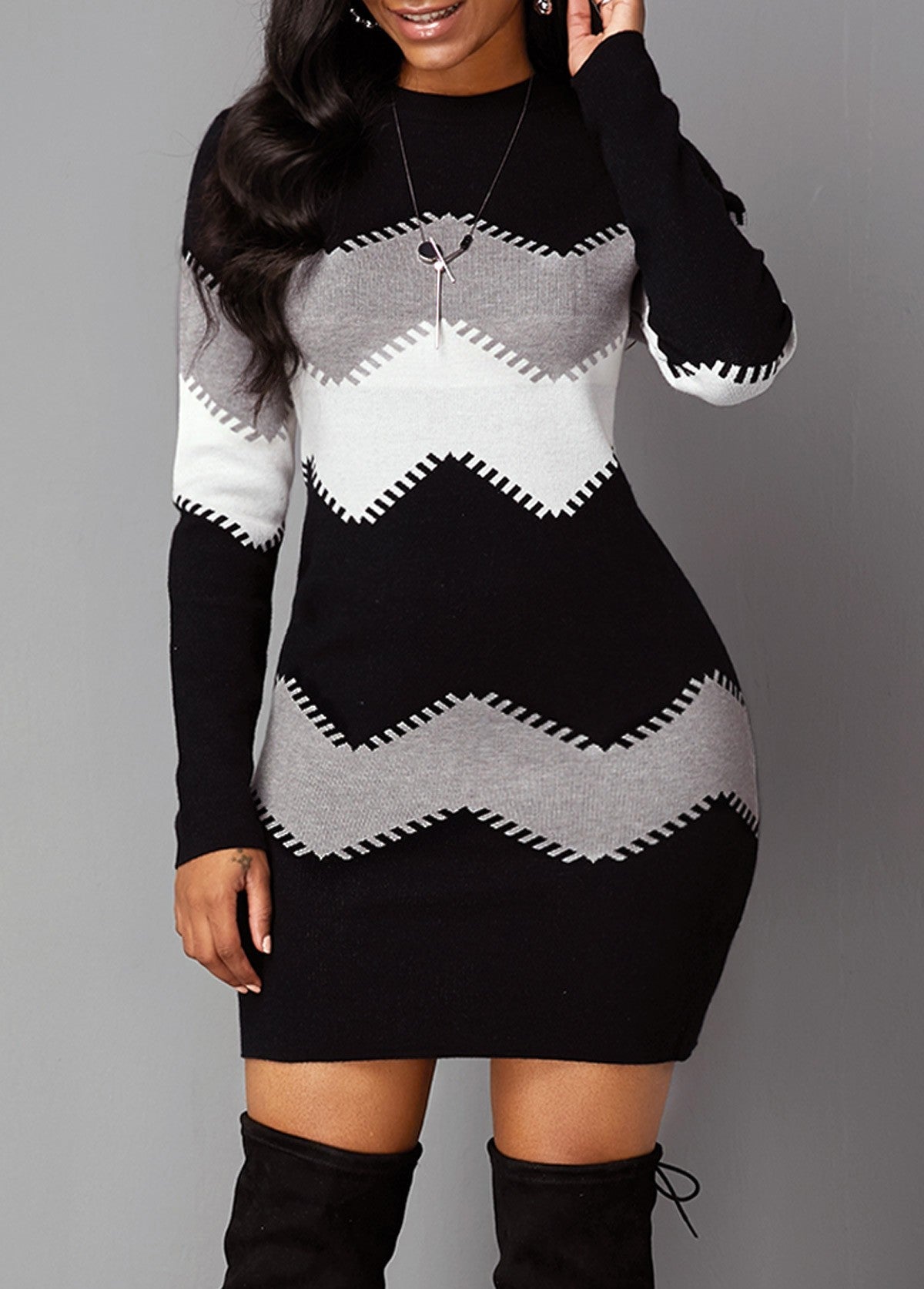 Bodycon Knitted Dress for Women | Chic Chevron Pattern | E&W - 5 - Elenwear