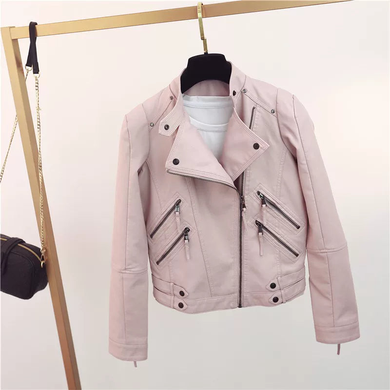 Biker Jacket Women's Pink Leather Look with Zipper Details | E&W - 1 - Elenwear