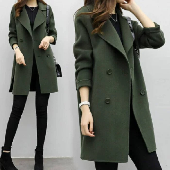 Double-Breasted Women's Jacket in Olive Green | E&W - 2 - Elenwear