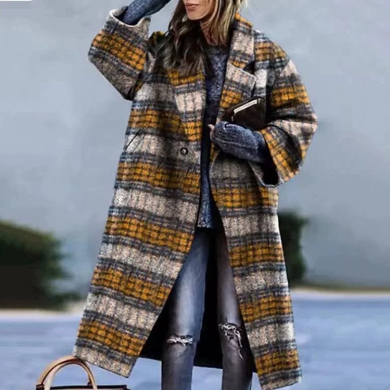 Checked Long Coat for Women in Vibrant Colours | E&W - 3 - Elenwear