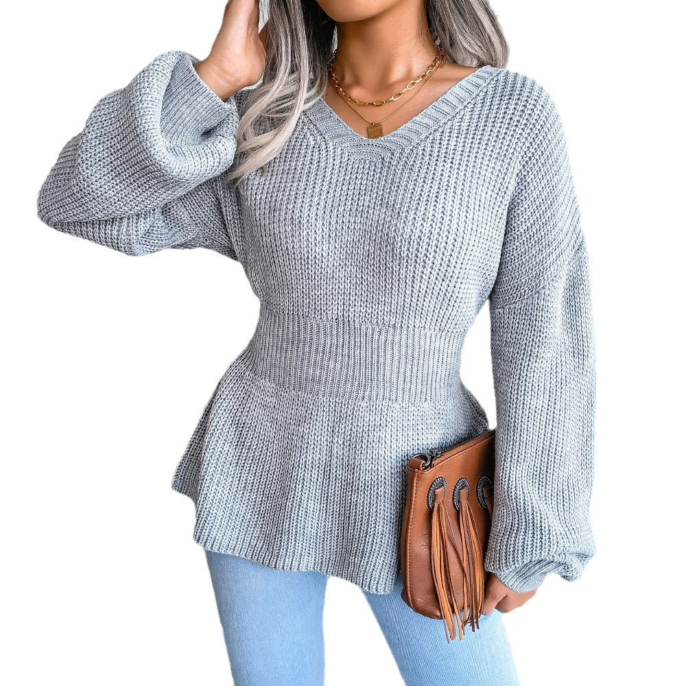 V-Neck Knitted Pullover Women | Flattering Peplum Fit | E&W - 2 - Elenwear
