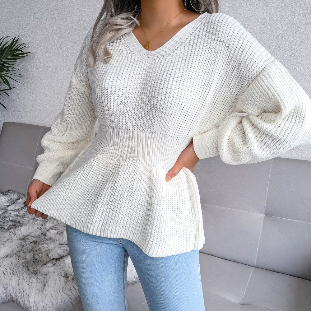 V-Neck Knitted Pullover Women | Flattering Peplum Fit | E&W - 5 - Elenwear