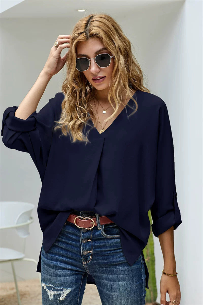 Women's Casual V-Neck Blouse in Soft Fabric | E&W - 1 - Elenwear
