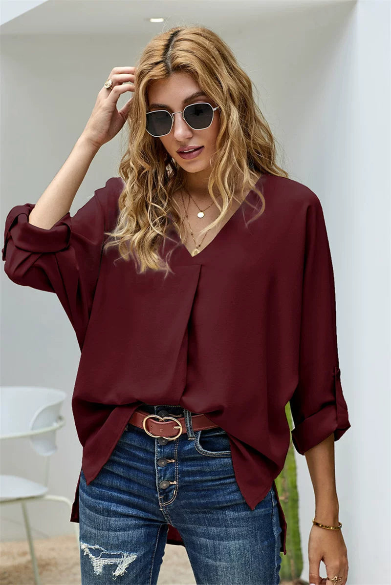 Women's Casual V-Neck Blouse in Soft Fabric | E&W - 2 - Elenwear