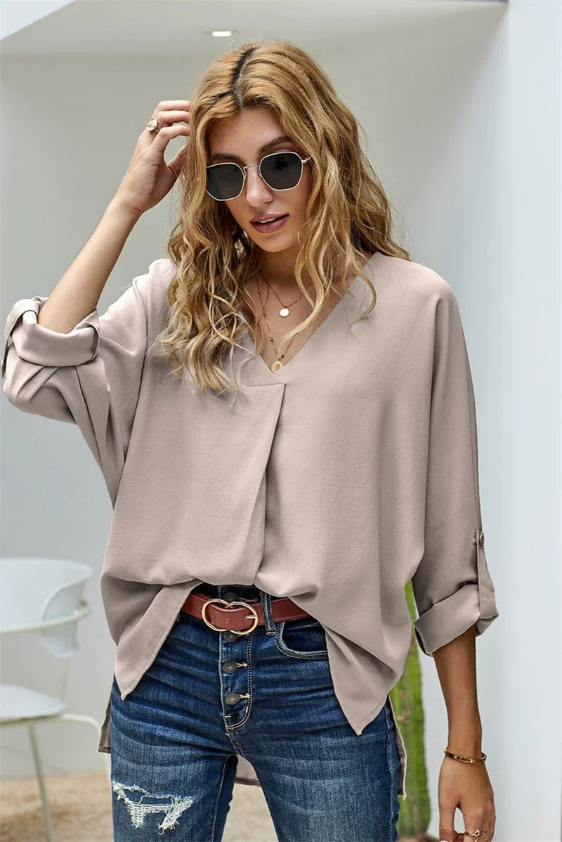 Women's Casual V-Neck Blouse in Soft Fabric | E&W - 3 - Elenwear