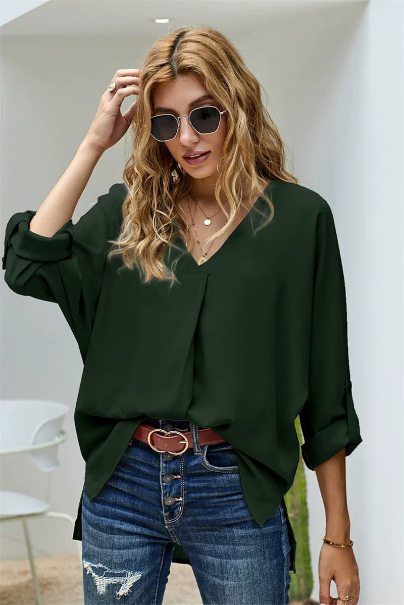 Women's Casual V-Neck Blouse in Soft Fabric | E&W - 4 - Elenwear