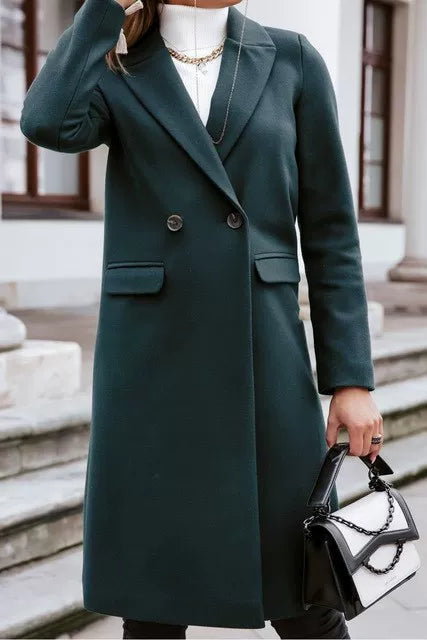 Long Women's Tailored Coat in Soft Fabric with Double-Breasted Closure | E&W - 2 - Elenwear