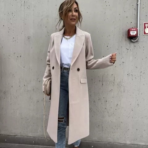 Long Women's Tailored Coat in Soft Fabric with Double-Breasted Closure | E&W - 3 - Elenwear