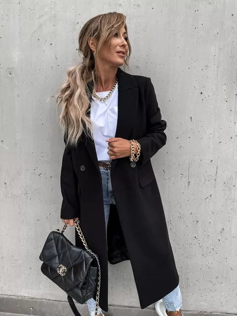 Long Women's Tailored Coat in Soft Fabric with Double-Breasted Closure | E&W - 4 - Elenwear