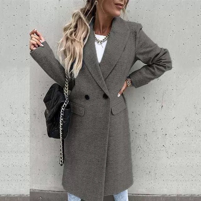 Long Women's Tailored Coat in Soft Fabric with Double-Breasted Closure | E&W - 5 - Elenwear