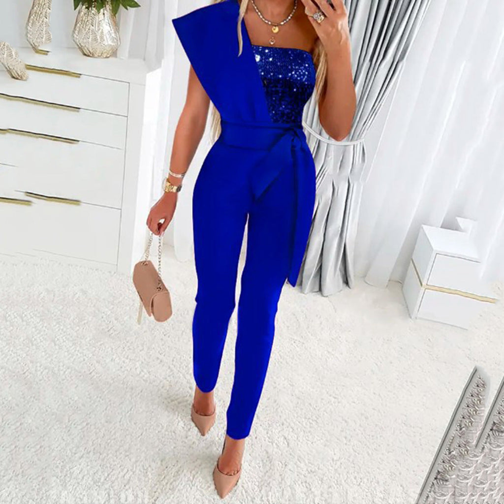 One-Shoulder Women's Jumpsuit with Sparkling Detail | E&W - 3 - Elenwear