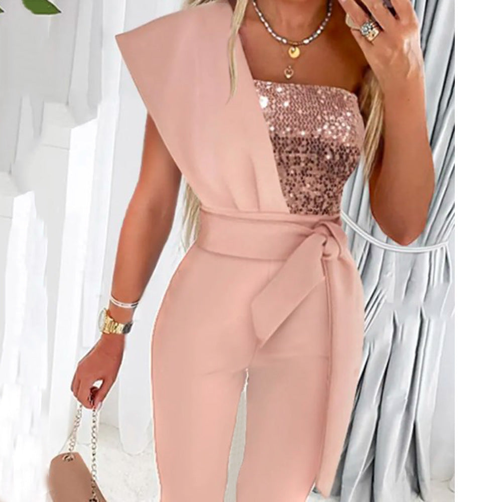 One-Shoulder Women's Jumpsuit with Sparkling Detail | E&W - 4 - Elenwear