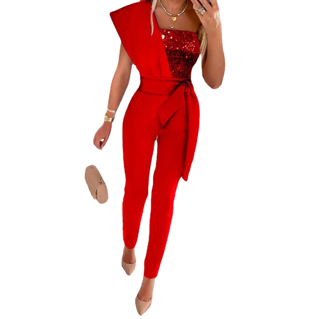 One-Shoulder Women's Jumpsuit with Sparkling Detail | E&W - 5 - Elenwear